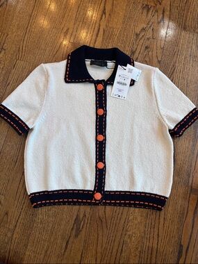 Zara Cream Short-Sleeve Knit Cardigan with Navy & Orange Trim